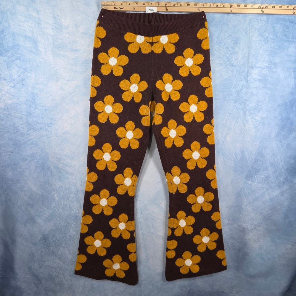 Baevely Brown Yellow Floral Daisy Knit Flare‎ Leg Pants Retro 70s Style Large